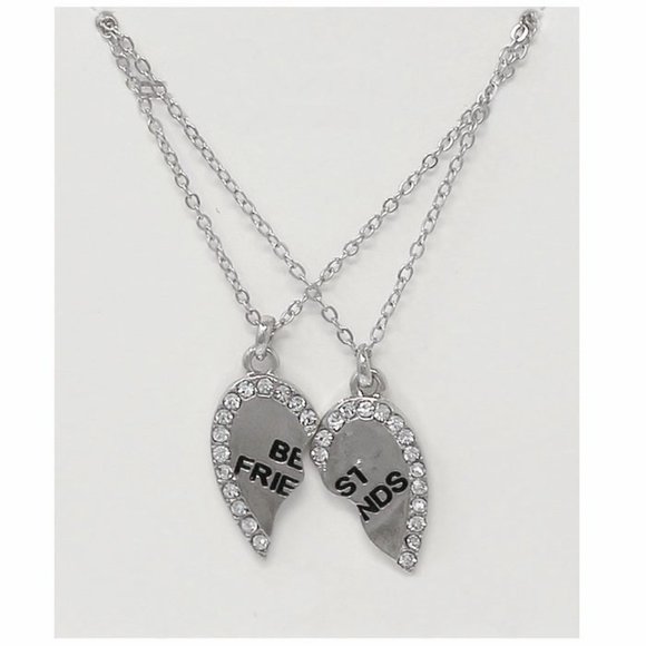 Set of 2 Best Friends Hearts Silver Rhinestone Necklaces NEW - Picture 1 of 1